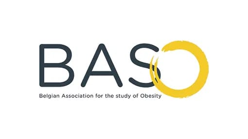 Logo of the Belgian Association for the Study of Obesity (BASO), with the letter "O" depicted as a yellow circular brushstroke.