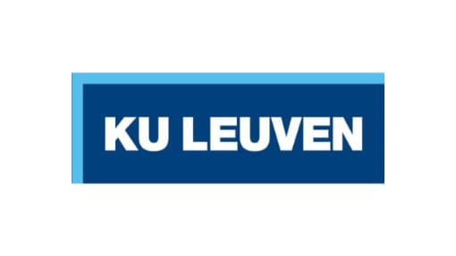 The image shows the KU Leuven logo with white text on a dark blue rectangular background and a light blue border on the top and left sides.