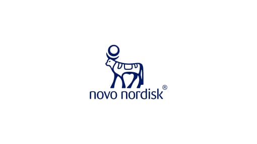 Novo Nordisk logo featuring a blue stylized Apis bull with a circular element above its head and the company name in lowercase letters beneath the image.